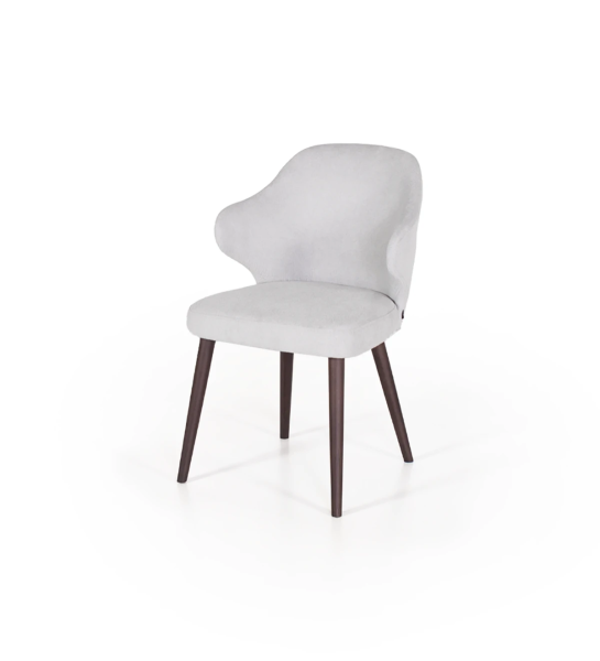 Fabric upholstered chair with dark brown ash wood feet.