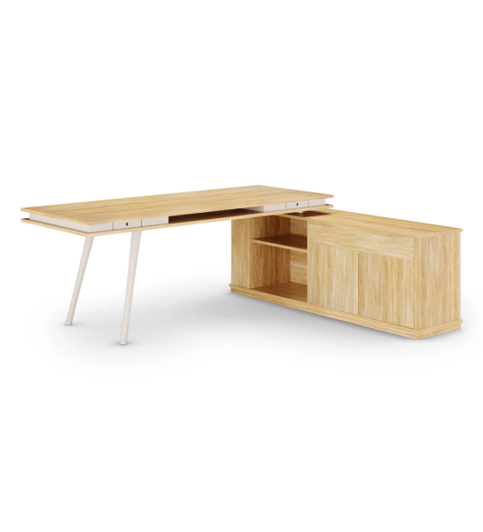 Secretária Oslo tampo em carvalho cor natural, pés lacados a pérola, com móvel lateral de 2 portas e 1 gaveta em carvalho cor natural, 200 x 80 cm.