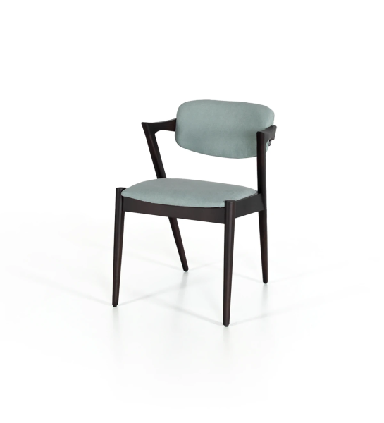 Dark brown ash wood chair with fabric upholstered seat and back.