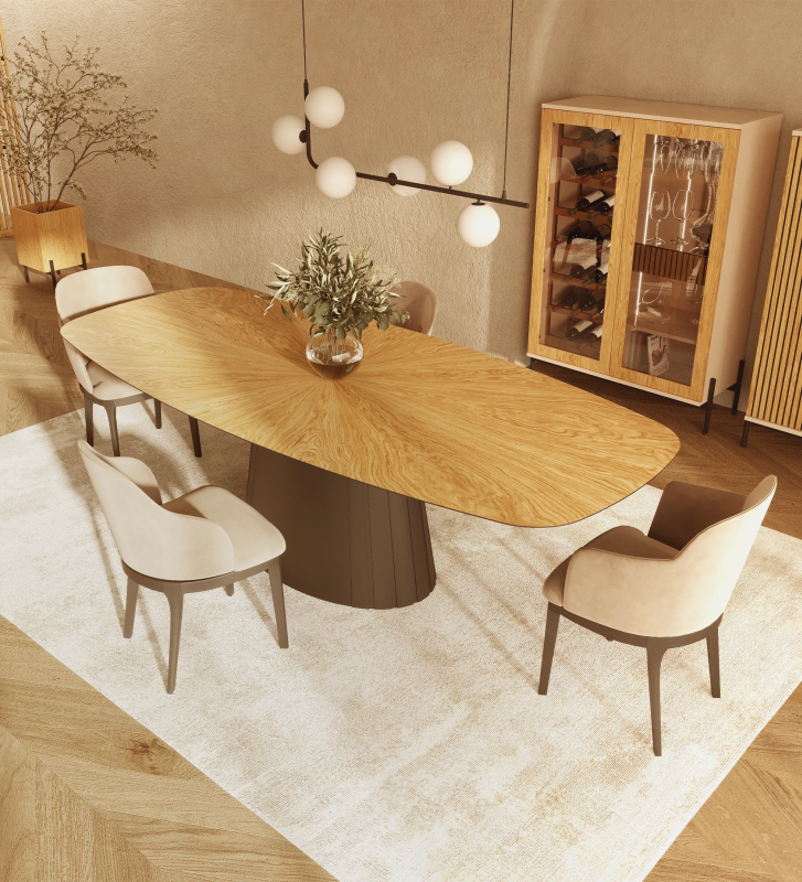 Oval dining table with natural oak herringbone top and base lacquered in black.