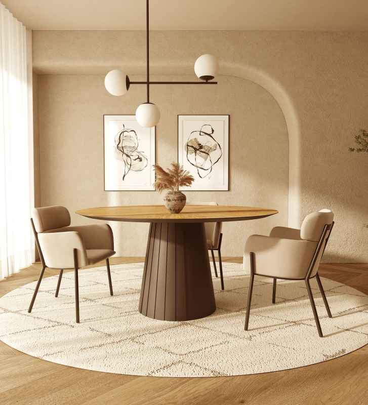 Mesa de jantar redonda com tampo espinhado em carvalho natural e pé lacado a negro.