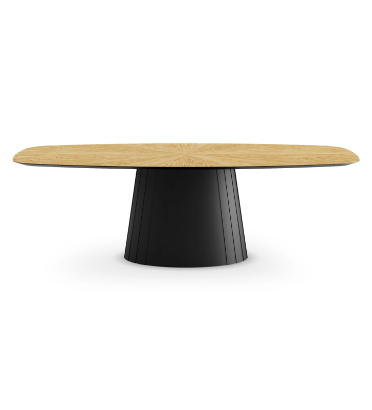 Oval dining table with natural oak herringbone top and base lacquered in black.