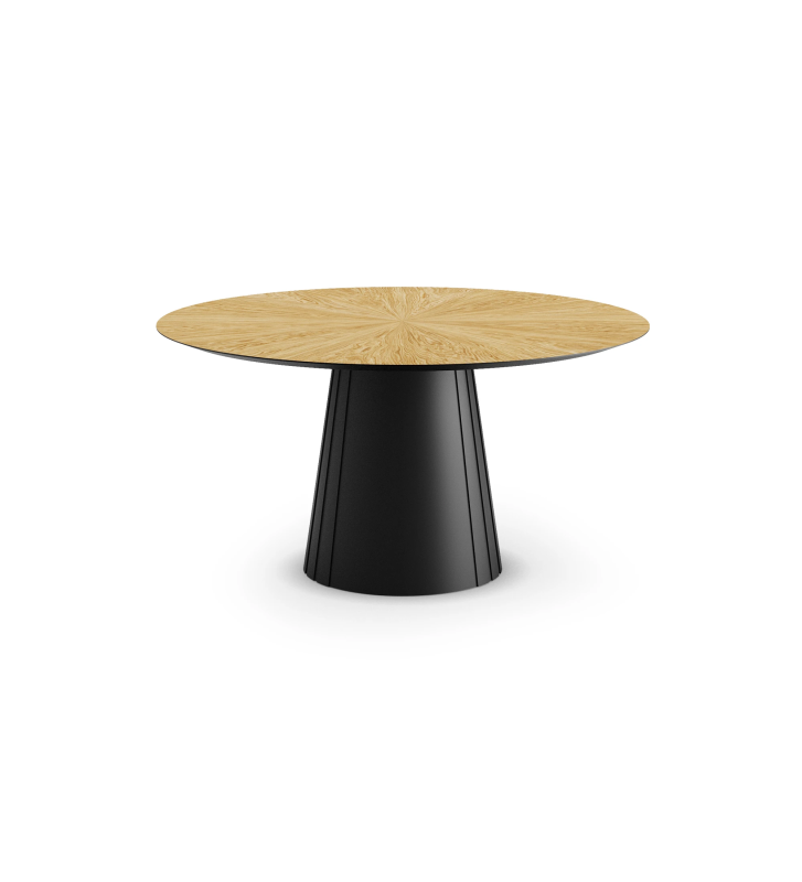Round dining table with natural oak herringbone top and black lacquered foot.