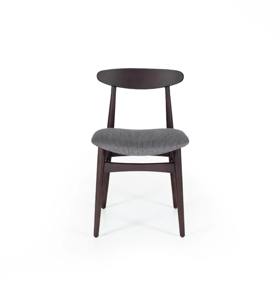 Dark brown ash wood chair with fabric upholstered seat.