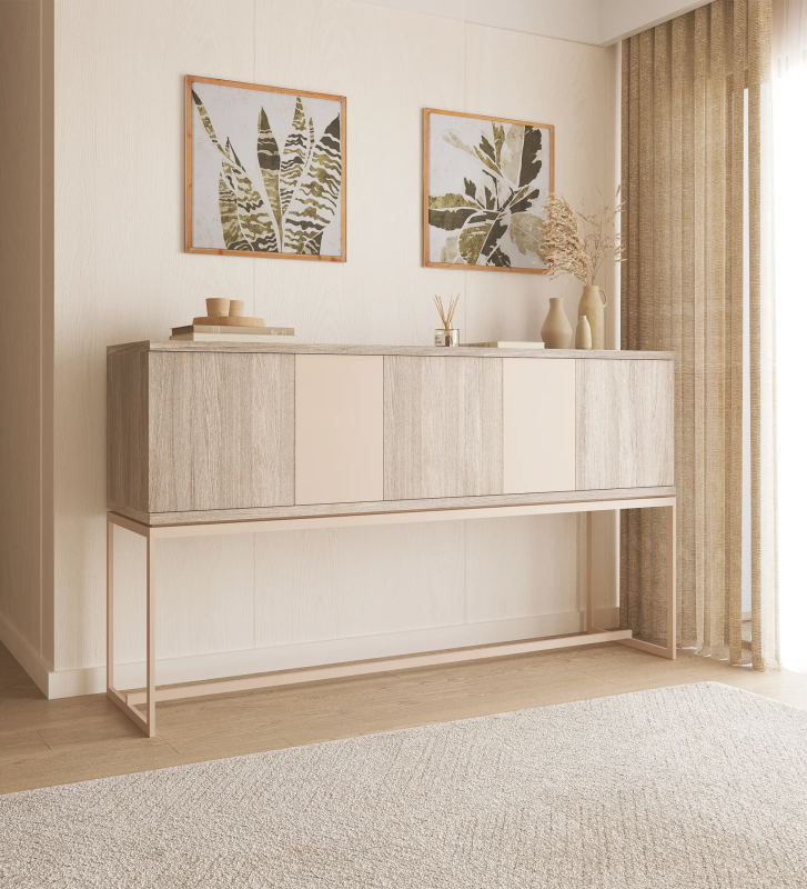Sideboard with 3 large doors and structure in decapé oak, 2 small doors in pearl lacquer, with pearl lacquered metal feet