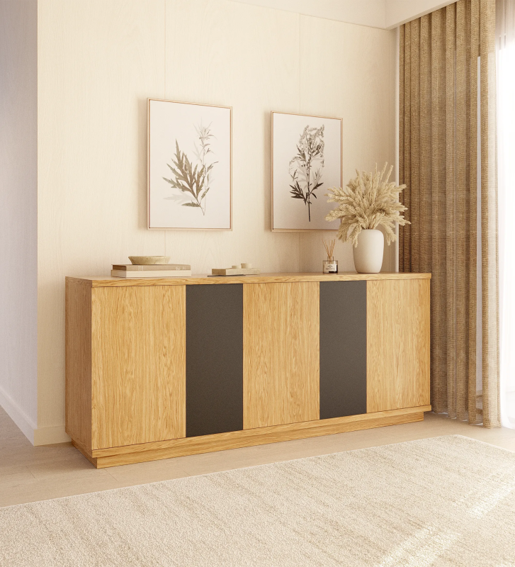Sideboard with 3 large doors and structure in natural oak, 2 small doors in black lacquer