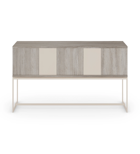 Sideboard with 3 large doors and structure in decapé oak, 2 small doors in pearl lacquer, with pearl lacquered metal feet