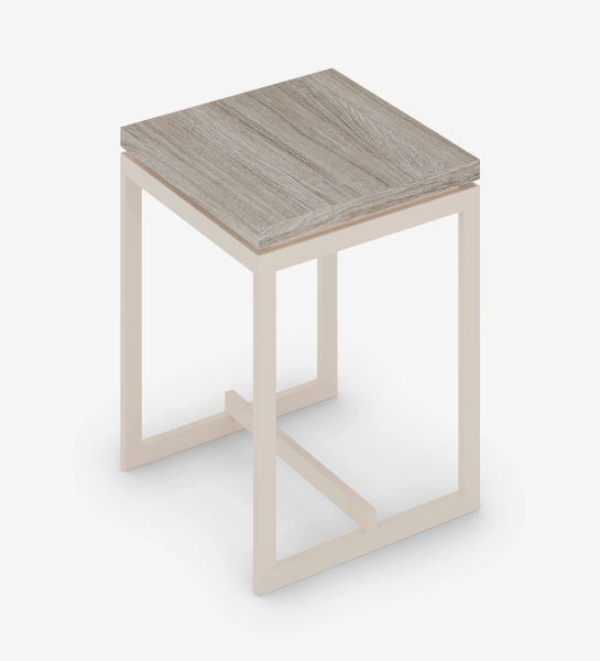 Chicago side table, decapé oak top, pearl lacquered metal feet, 40 x 40 cm.