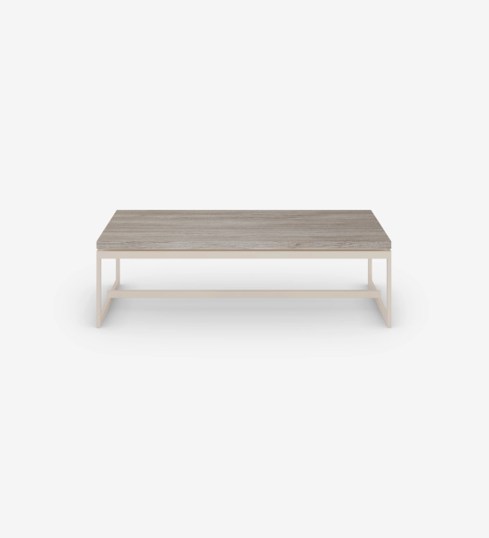 Table basse Chicago rectangulaire, plateau en chêne décapé, pieds en métal laqué perle, 120 x 60 cm.