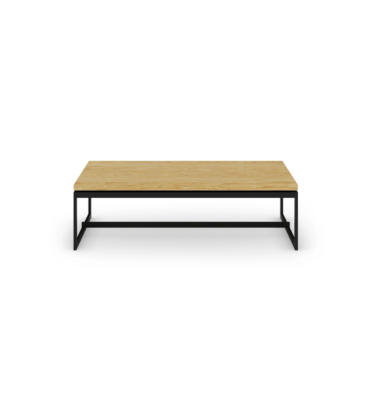 Rectangular center table with natural oak top and black lacquered metal feet