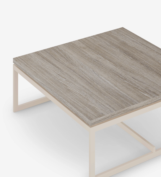 Chicago square center table, decapé oak top, pearl lacquered metal feet, 90 x 90 cm.