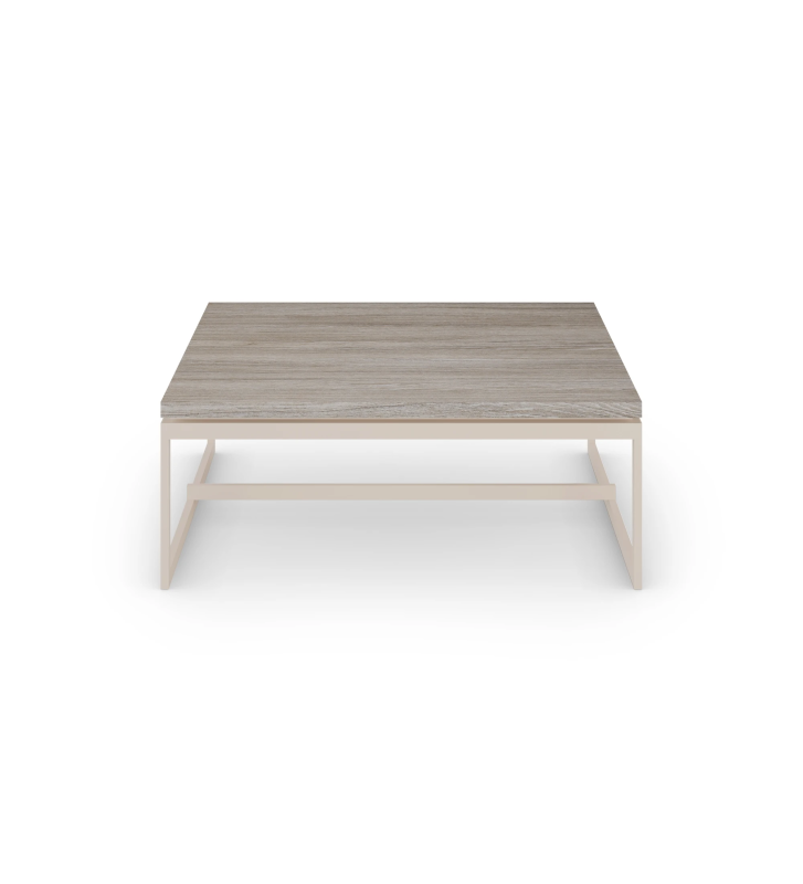 Square center table with decapé oak top and pearl lacquered metal feet