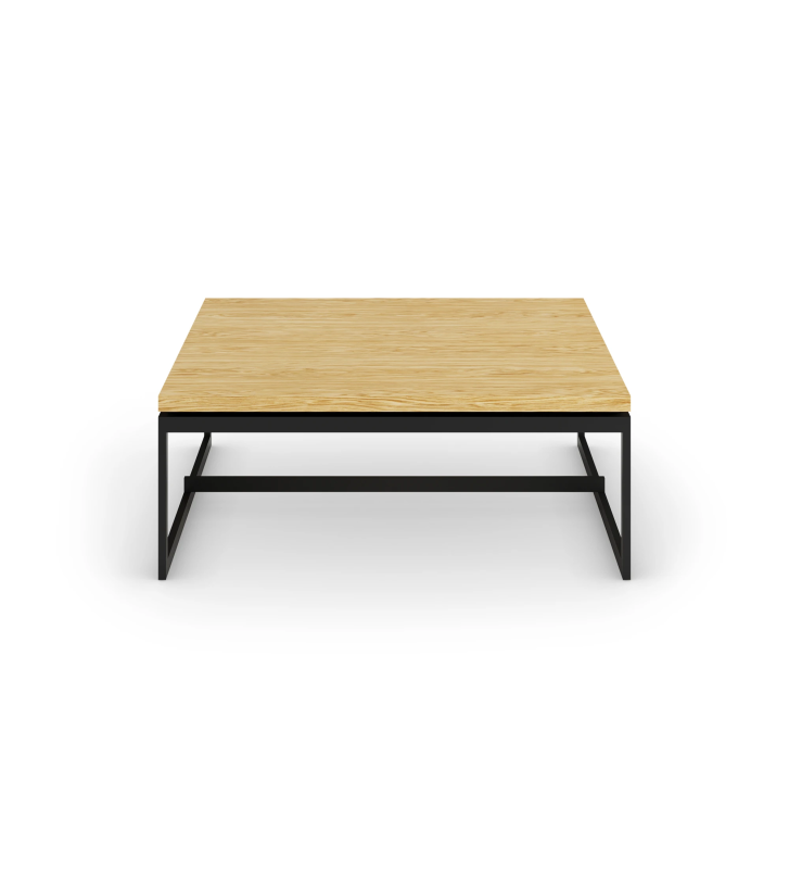 Square center table with natural oak top and black lacquered metal feet