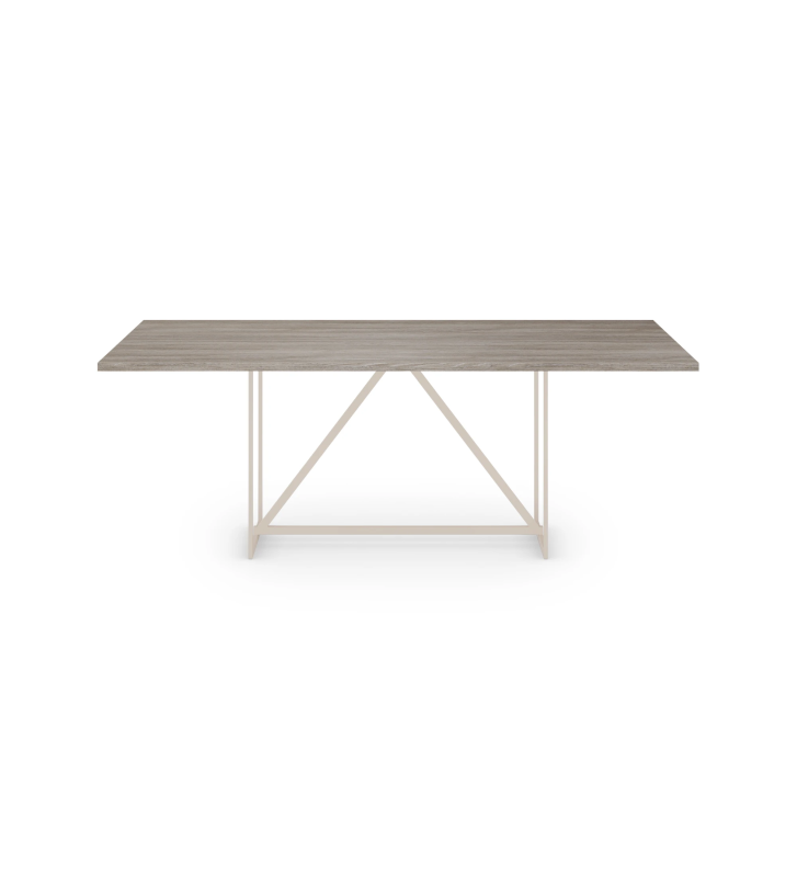 Rectangular dining table with decapé oak top and pearl lacquered metal feet