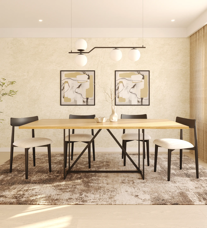 Rectangular dining table with natural oak top and black lacquered metal feet