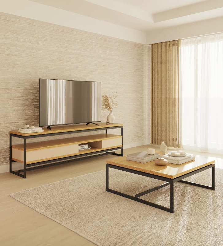 TV stand with natural oak tops, module with 2 pearl lacquered drawers and black lacquered metal feet