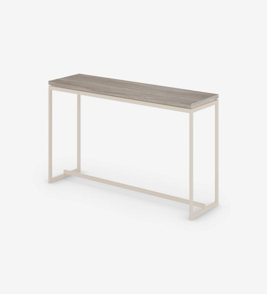 Simple console with decapé oak top and pearl lacquered metal feet
