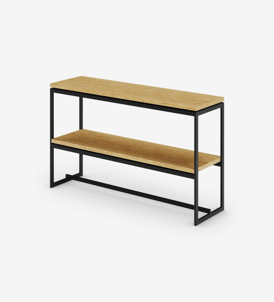 Console with natural oak top and shelf and black lacquered metal feet
