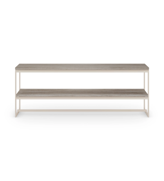Console avec plateau et étagère en chêne décapé et pieds en métal laqué perle