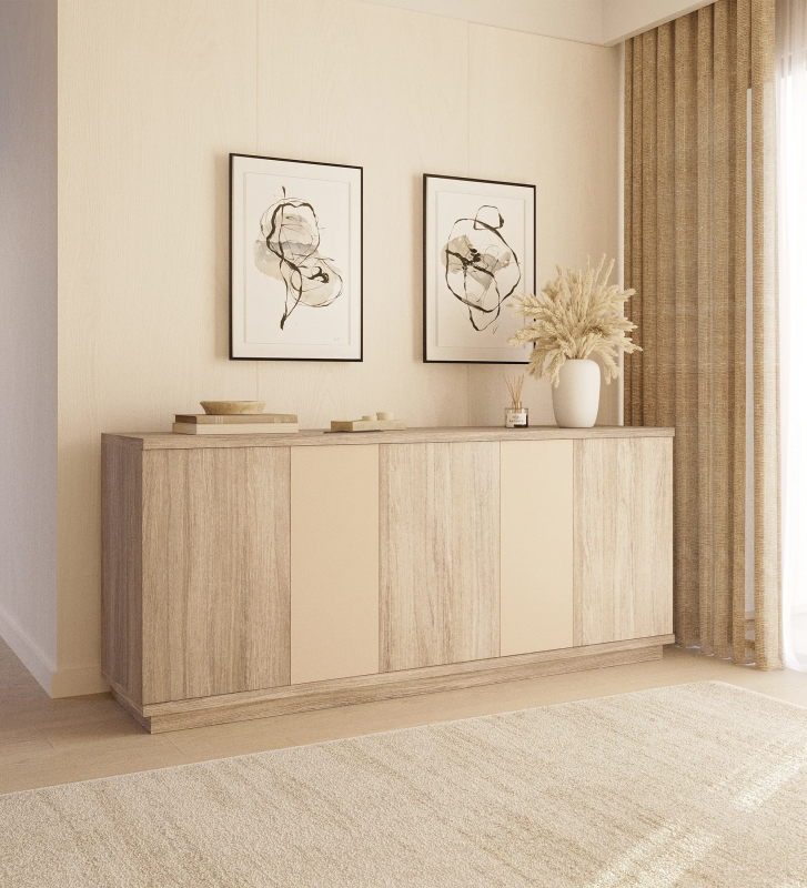 Sideboard with 3 large doors and structure in decapé oak, 2 small doors in pearl lacquer