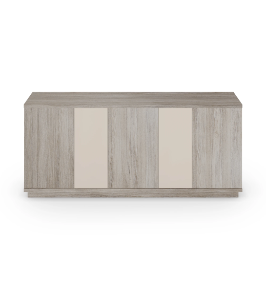 Sideboard with 3 large doors and structure in decapé oak, 2 small doors in pearl lacquer