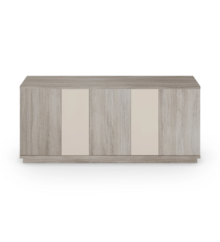 Sideboard with 3 large doors and structure in decapé oak, 2 small doors in pearl lacquer