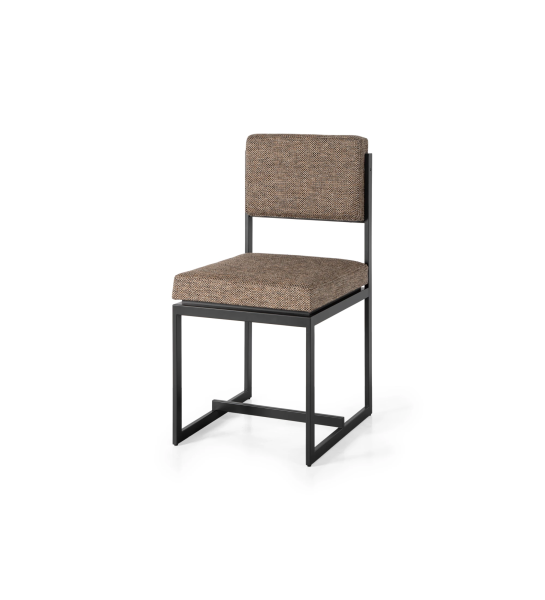 Chaise avec assise et dossier recouverts de tissu, avec structure en métal laqué noir