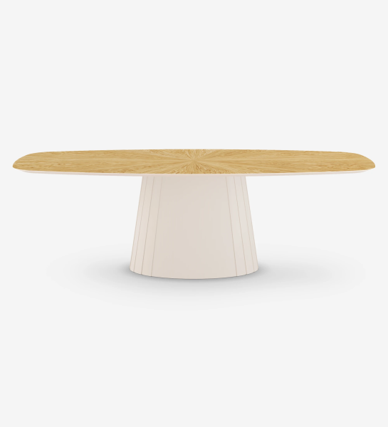 Mesa de jantar Cannes oval 250 x 110 cm, tampo espinhado em carvalho natural, pé lacado a pérola.