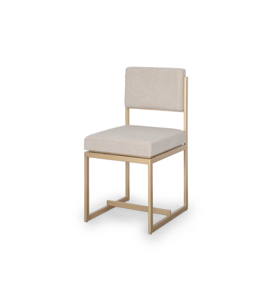 Chaise avec assise et dossier recouverts de tissu, avec structure en métal laqué doré