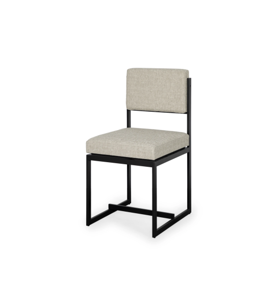 Chaise avec assise et dossier recouverts de tissu, avec structure en métal laqué noir
