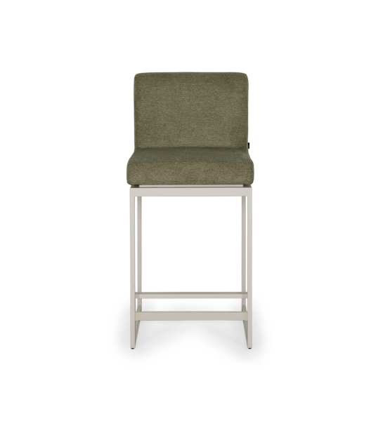 Stool with seat and back upholstered in fabric, with pearl lacquered metal structure