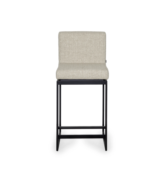 Taburete con asiento y respaldo tapizados en tela, con estructura de metal lacado en negro