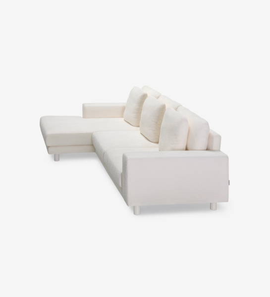 Canapé Dallas 3 places avec chaise longue gauche, recouvert en tissu beige, coussins de dossier rabattables, pieds laqué perle, 318 cm.