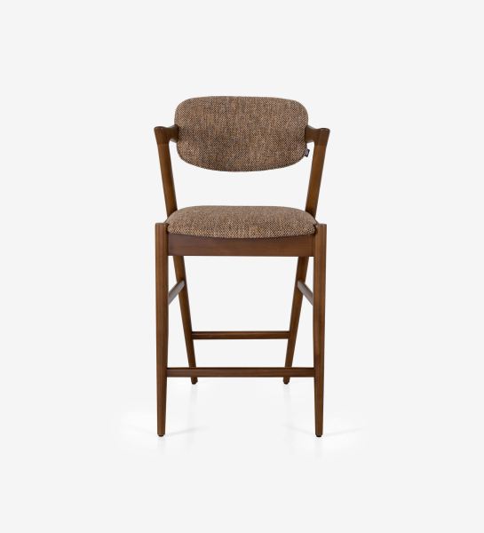 Stool in walnut-colored ash wood, with seat and back upholstered in fabric.