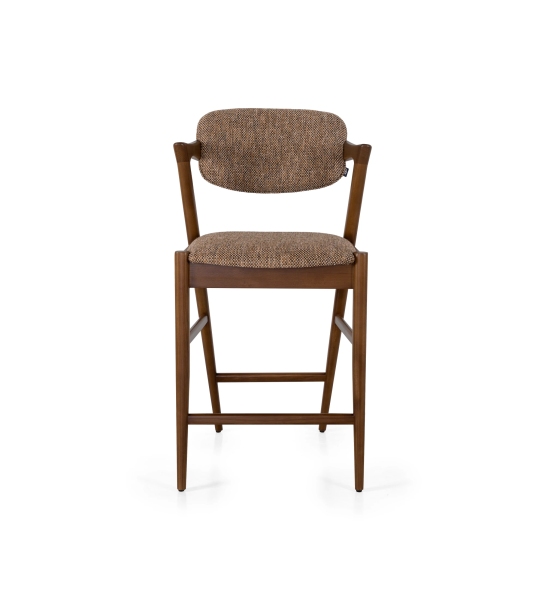 Stool in walnut-colored ash wood, with seat and back upholstered in fabric.