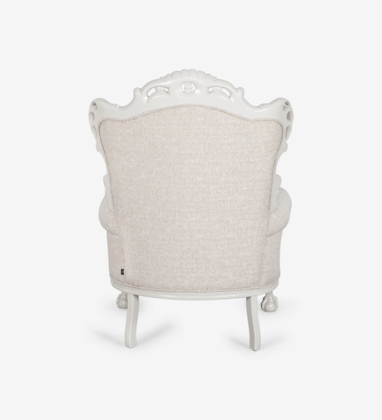 Paris armchair upholstered in beige fabric, structure and feet lacquered in pearl.