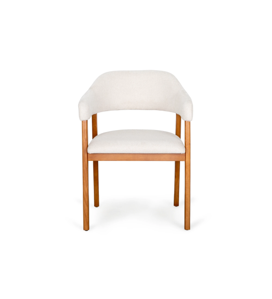 Chair with arms, in honey-colored ash wood, with seat and back upholstered in fabric