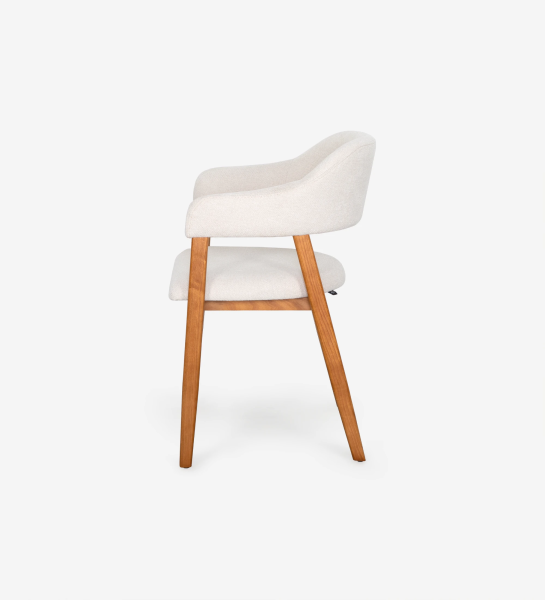 Chair with arms, in honey-colored ash wood, with seat and back upholstered in fabric