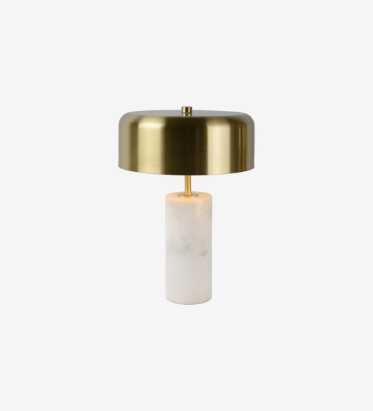  Table lamp with white marble base and matte golden brass shade.