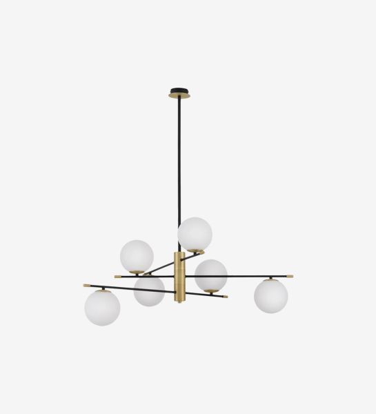  Suspension lamp in black and gold metal with opal glass diffusers.