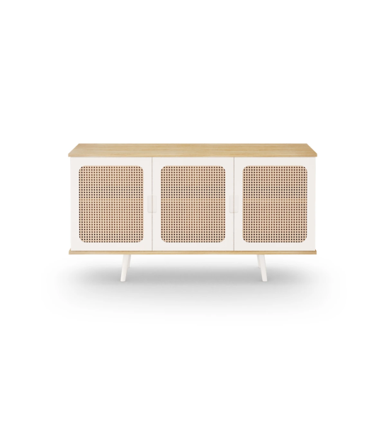 Sideboard with 3 doors detail in rattan, pearl lacquered feet and structure in natural color oak.