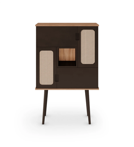 Bar cabinet with 4 doors, rattan detail in 2 doors, walnut structure, module and feet lacquered in dark brown.
