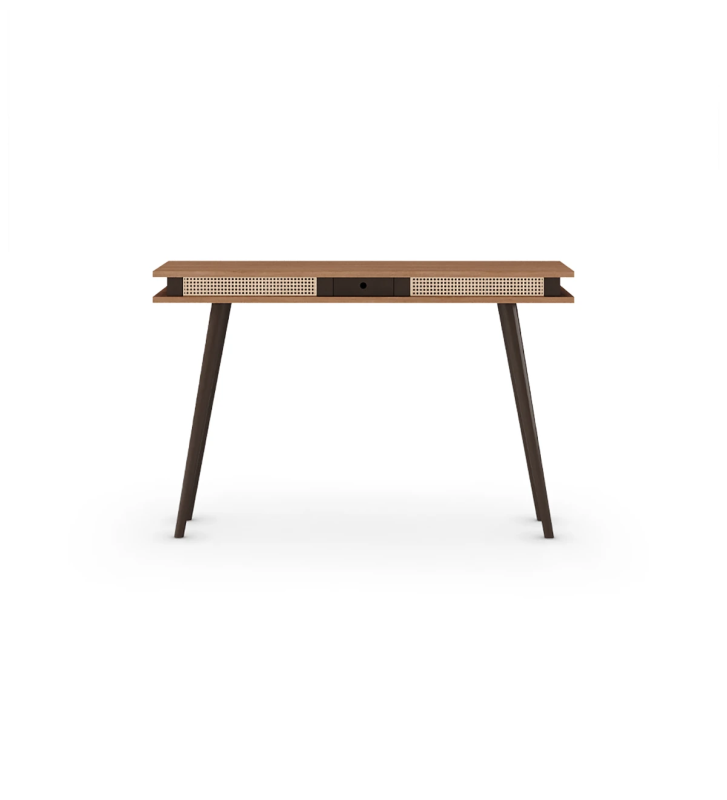 Console in walnut, with dark brown lacquered turned legs.