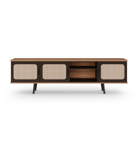Malmo TV stand 3 doors, rattan detail, dark brown lacquered module and feet, walnut structure, 200 x 58,8 cm.