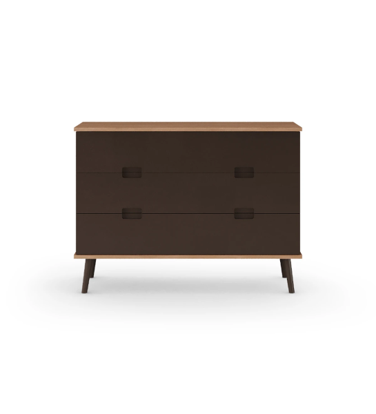 Dresser with 3 drawers with dark brown lacquered fronts, dark brown lacquered turned legs, walnut structure.