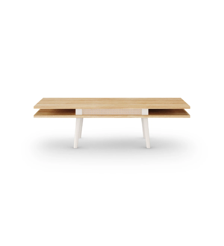 Table basse Malmo rectangulaire, détail en rotin, 2 plateaux en chêne naturel et pieds laqués perles, 120 x 60 cm.