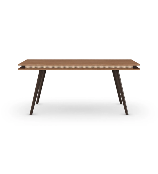 Rectangular extendable dining table with walnut top, dark brown lacquered legs.