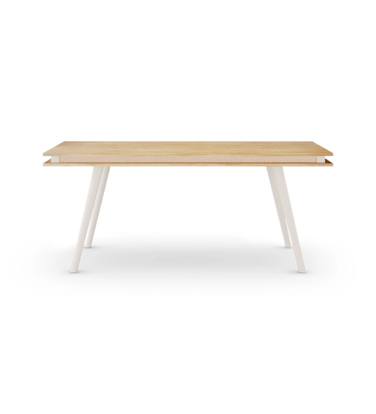Rectangular extendable dining table with natural oak top, pearl lacquered legs.