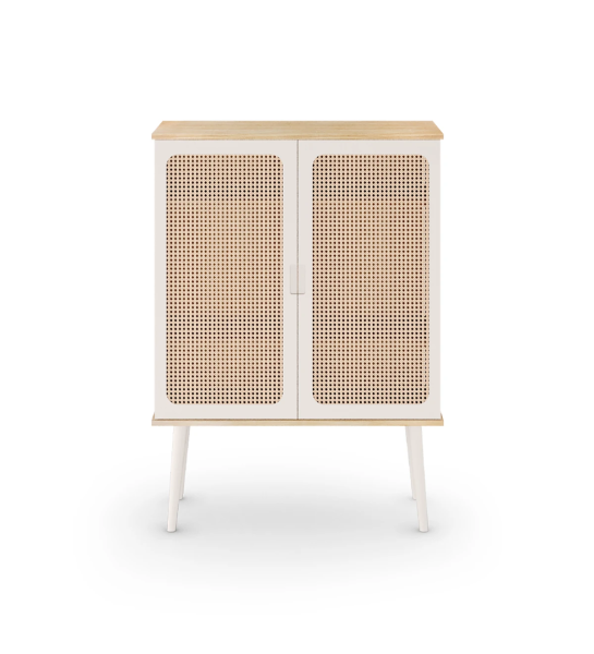 Cupboard with 2 doors detailed in rattan, structure in natural color oak, pearl lacquered doors and feet.