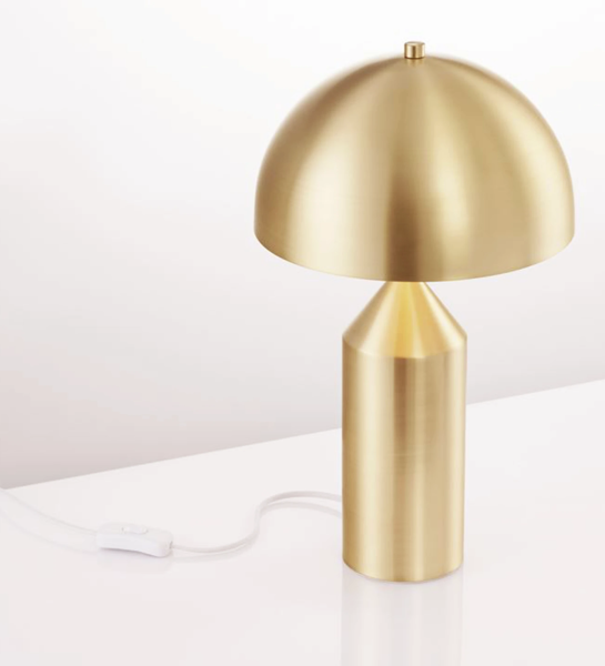 Table lamp with golden metal base and golden brass shade.